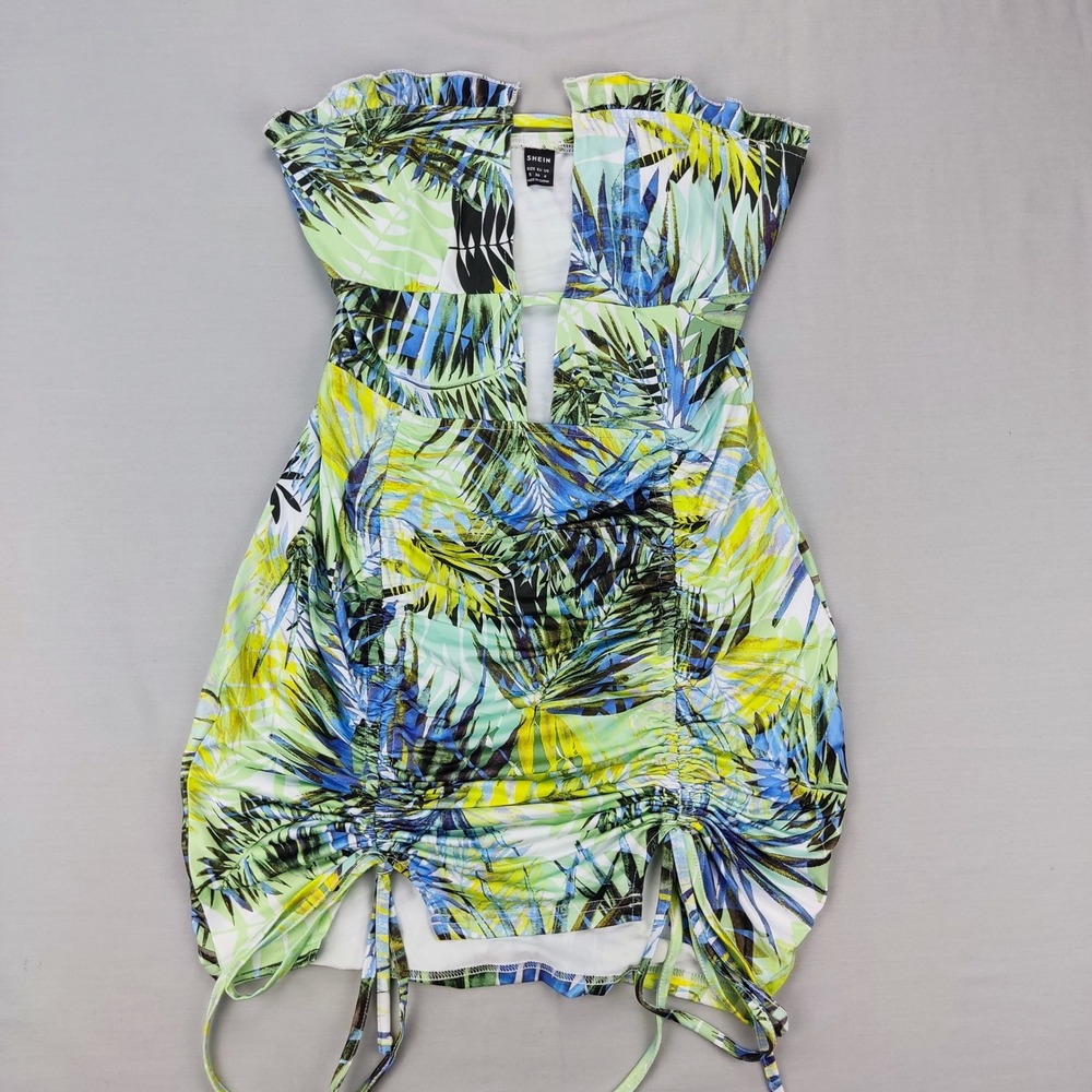 SHEIN Mini Dress Womens S Tropical Cutout Ruched Bodycon Palm Print‎ Strapless